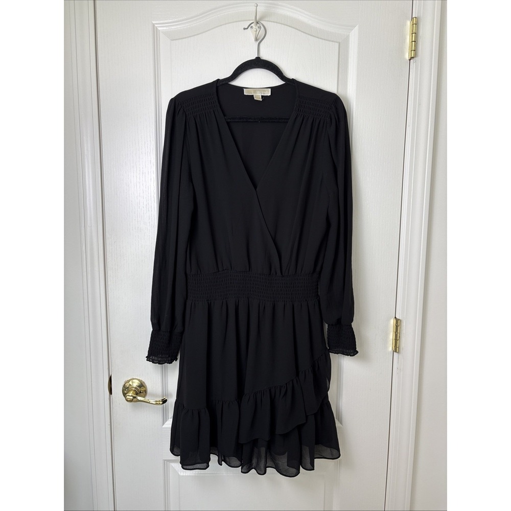 Michael Kors Womens Petite L Black Smocked Long Sleeve Surplice Ruffle Dress LBD
